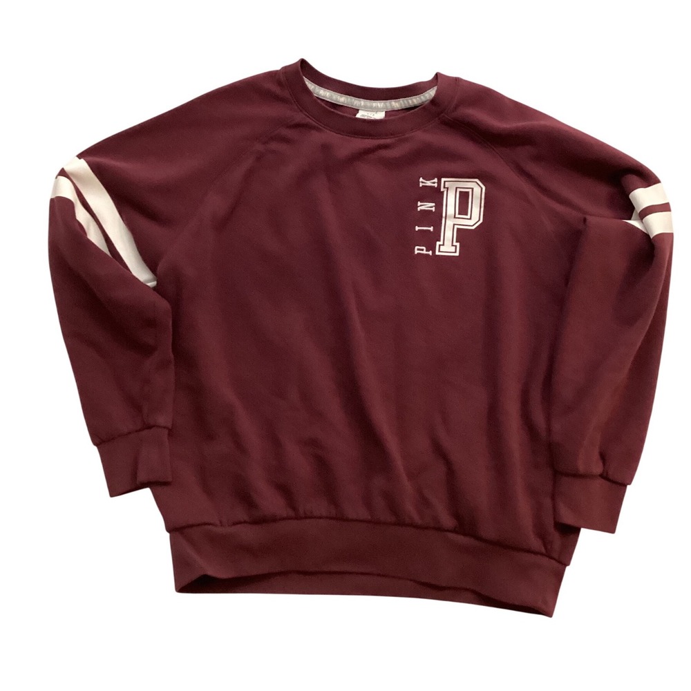 PINK by Victoria's Secret Burgundy Crewneck Sweatshirt with White Stripes Size S